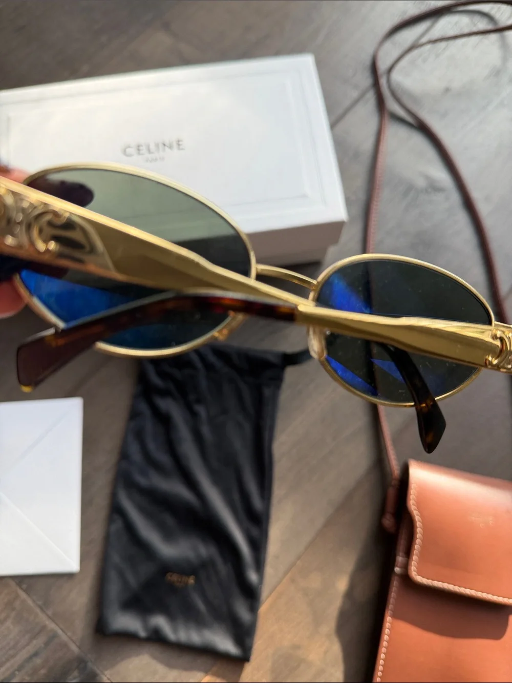 Celine Gold Sunglasses with Brown Leather Crossbody Pouch